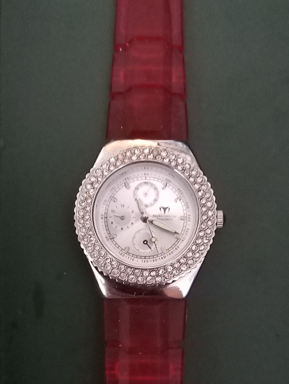 Technomarine Silver Crystal Bezel Watch with Red Strap